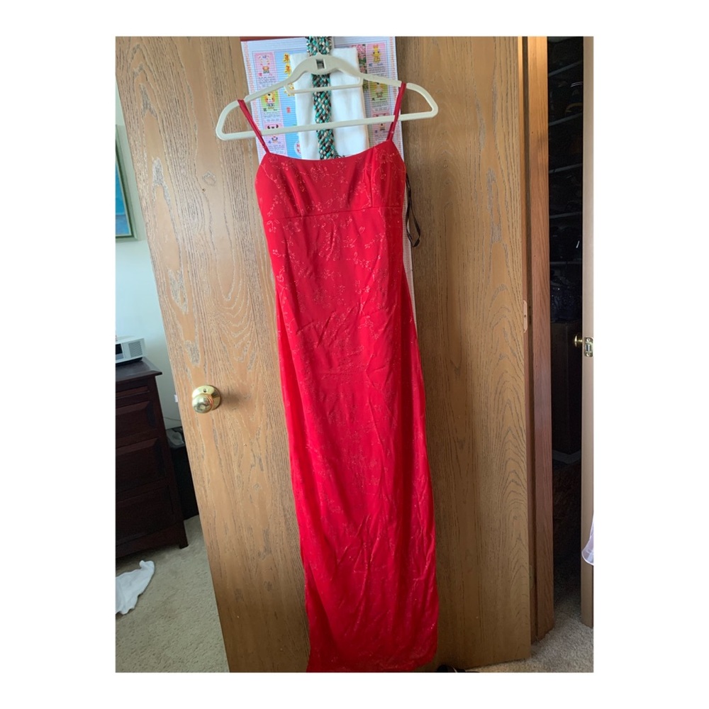 Red strapped back slit dress